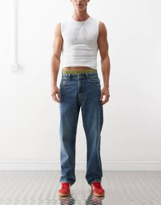 X005 - Gerade geschnittene Jeans in mittlerer Waschung-Blau Blau W28 L32