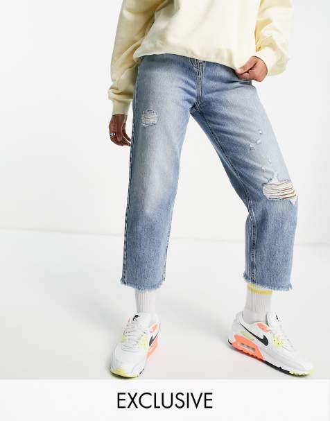COLLUSION x005 - Jaren 90 stijl cropped jeans met rechte pijpen in blauw met wassing - view 1
