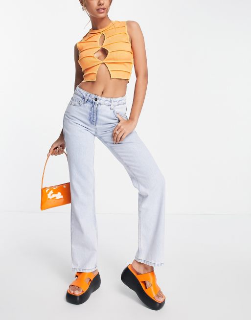COLLUSION x005 - Jeans met halfhoge taille en rechte pijpen in lichtblauw met wassing, 2 van 4