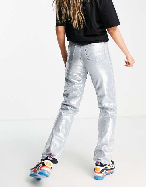 Mid Waist Silver Coated Denim Silver