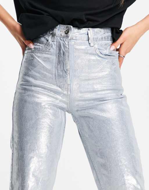 Mid Waist Silver Coated Denim Silver