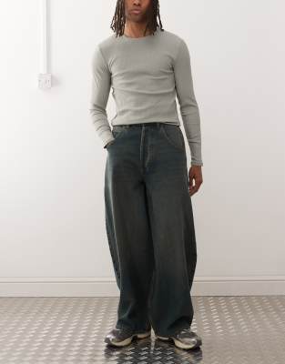 X006 - Superweite Balloon-Jeans in grüner Grunge-Waschung mit niedrigem Bund-Blau Blau W32 L30