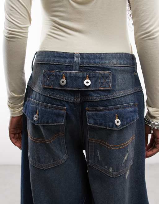 COLLUSION X006 XL ballongjeans med låg midja i mörkblå grunge-tvätt, 5 av 5