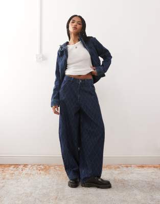 COLLUSION X006 XL balloon argyle print jean in rinse wash-Navy