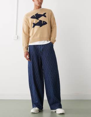 COLLUSION X006 XL balloon jeans in argyle print dark wash-Navy