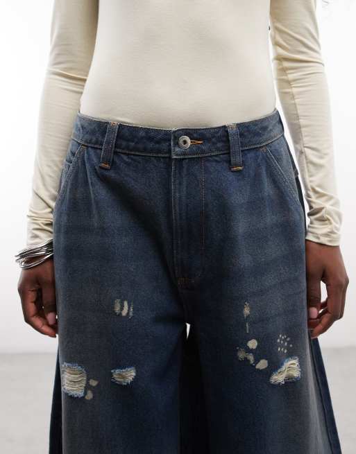 COLLUSION X006 XL balloon low rise jean in dark blue grunge wash, 4 of 5