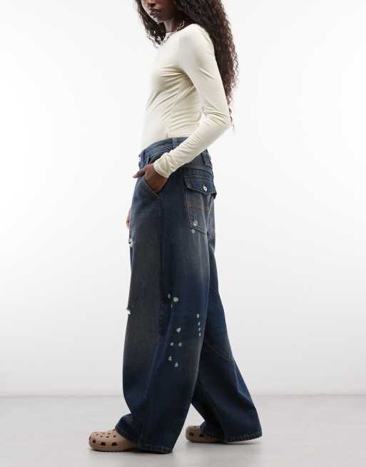 COLLUSION X006 XL balloon low rise jeans in donkerblauwe grunge wassing, 2 van 5