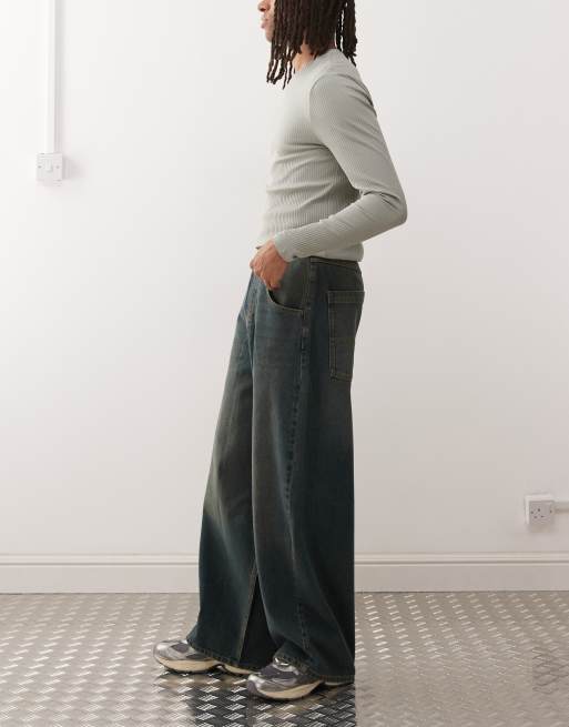 COLLUSION X006 XL balloon low rise jeans in grunge green wash, 3 of 5