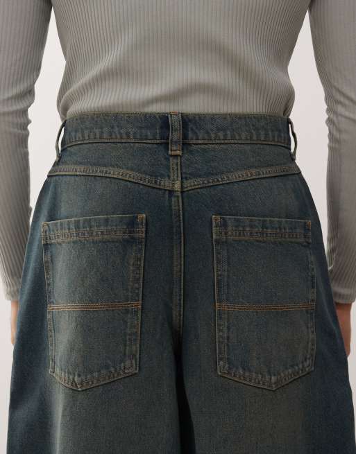 COLLUSION X006 XL balloon low rise jeans in grunge green wash, 4 of 5