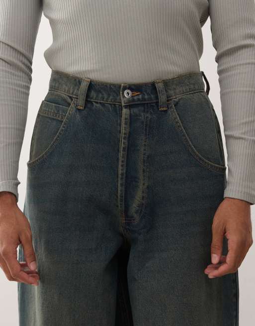 COLLUSION X006 XL balloon low rise jeans in grunge green wash, 5 of 5