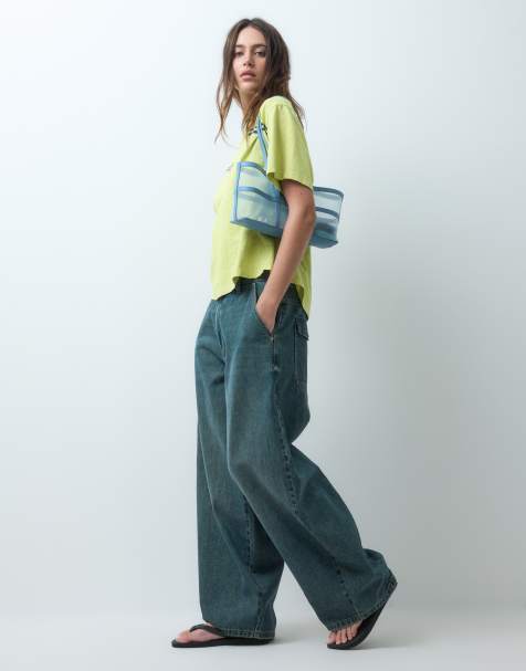 COLLUSION X006 XL balloon low rise jeans in slubby green wash - view 1