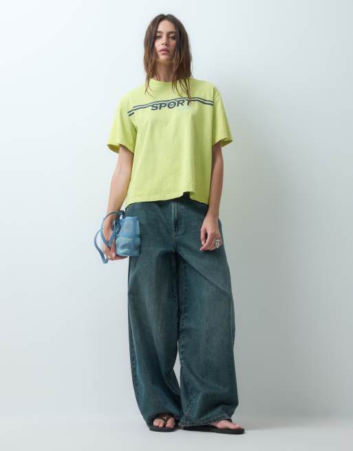COLLUSION X006 XL balloon low rise jeans in slubby green wash, 2 of 5