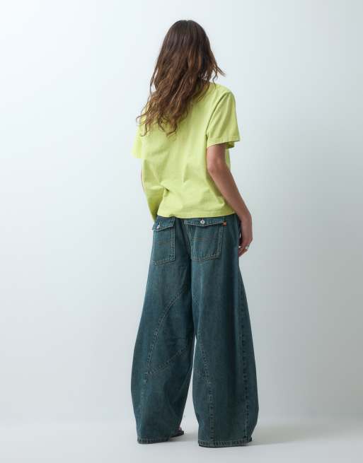 COLLUSION X006 XL balloon low rise jeans in slubby green wash, 4 of 5