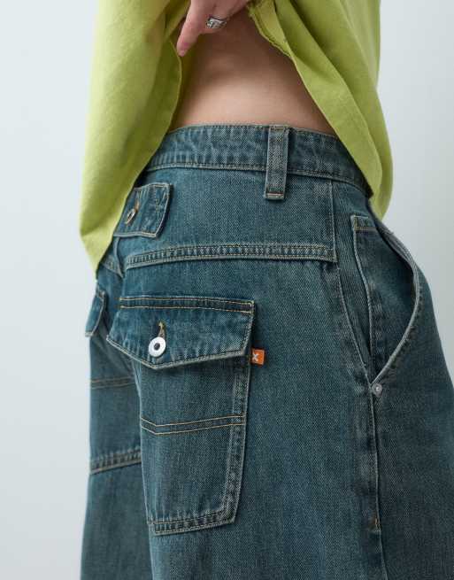 COLLUSION X006 XL balloon low rise jeans in slubby green wash, 5 of 5