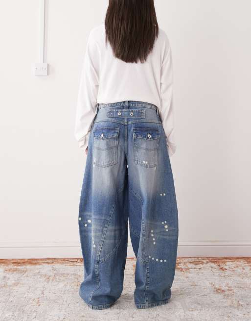 COLLUSION XL balloon low rise jeans in worn wash