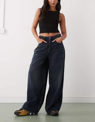 COLLUSION X007 - Jean baggy XL à taille basse effet flammé - Bleu foncé grunge délavé-Bleu marine