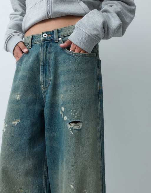 COLLUSION - X007 - Jean baggy XL taille basse ajustable - Délavage effet usé grunge, 5 de 5