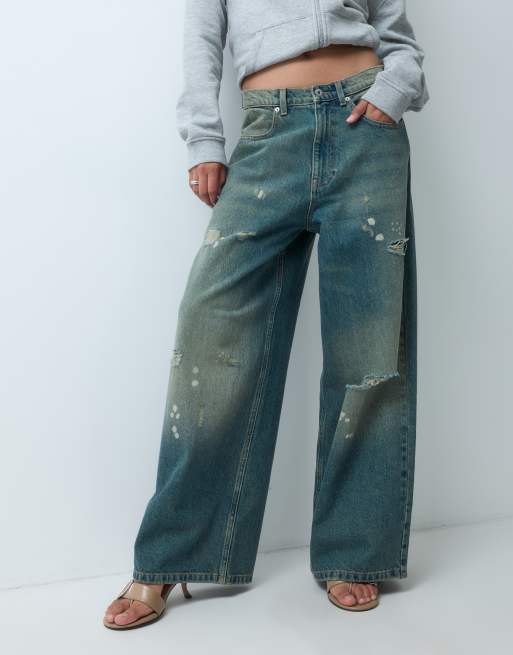 COLLUSION X007 XL baggy adjustable low rise jeans in grunge worn wash, 2 of 5