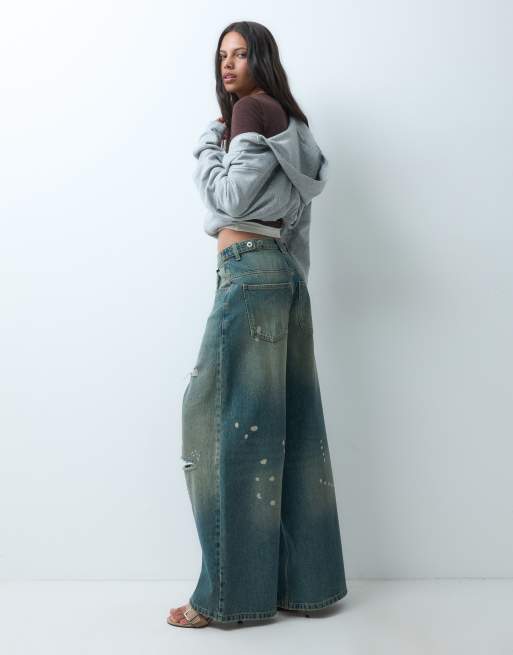 COLLUSION X007 XL baggy adjustable low rise jeans in grunge worn wash, 3 of 5