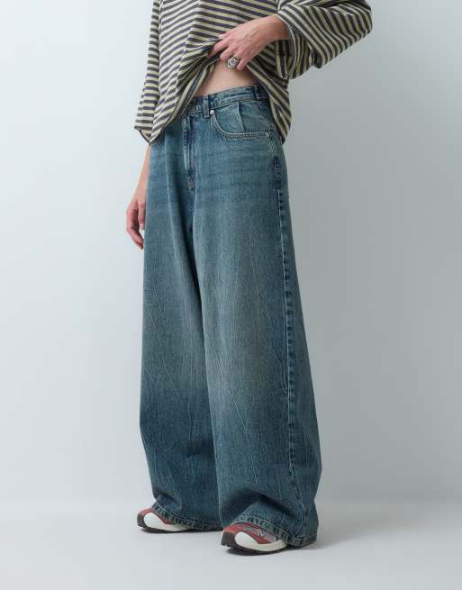 COLLUSION X007 XL baggy adjustable low rise jeans in mid blue marble, 3 of 5
