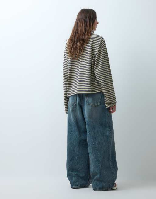 COLLUSION X007 XL baggy adjustable low rise jeans in mid blue marble, 4 of 5