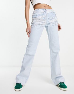 COLLUSION x008 distressed waistband Y2K flare jeans in light blue - ASOS Price Checker