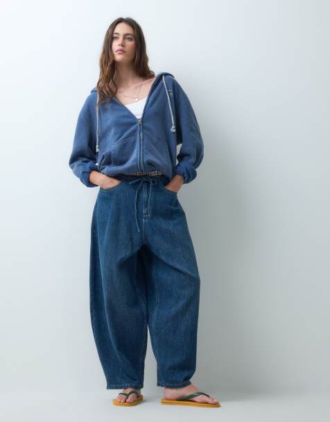 COLLUSION X008 drapey tie front balloon jean in midwash blue - view 1