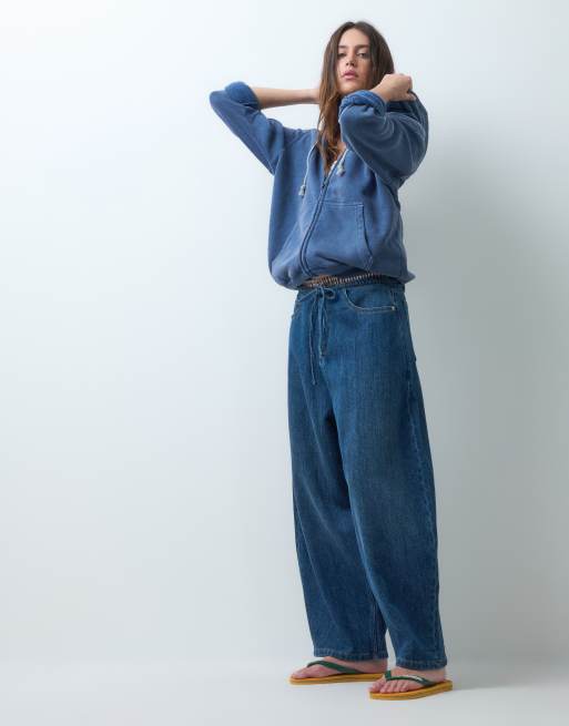 COLLUSION X008 drapey tie front balloon jean in midwash blue, 5 of 5