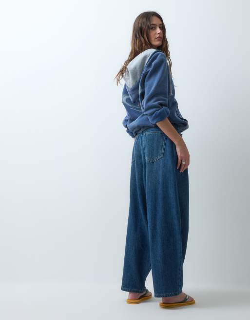 COLLUSION X008 drapey tie front balloon jeans in midwash blue, 4 of 5