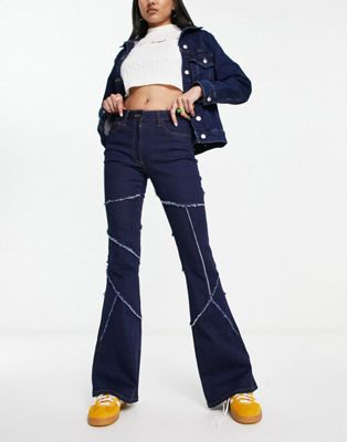 COLLUSION x008 exposed seam flare jeans in indigo - ASOS Price Checker