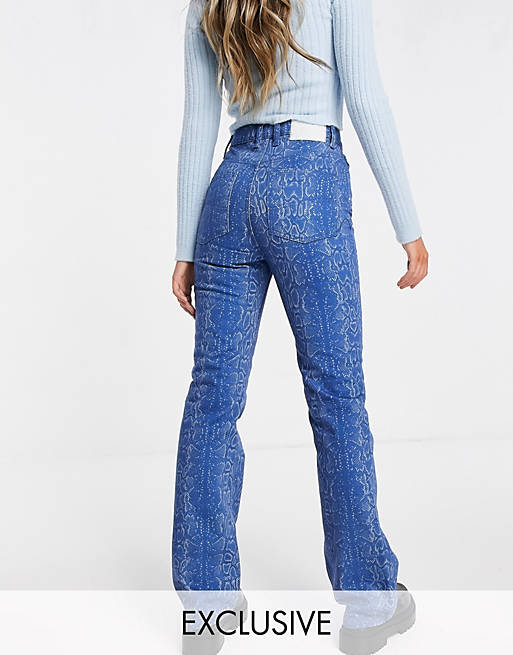 COLLUSION x008 flare jeans in blue snake print