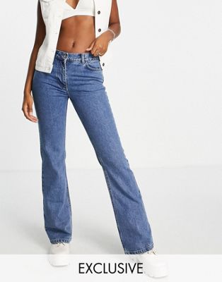 COLLUSION x008 mid rise rigid flares in 00s mid blue wash - ASOS Price Checker