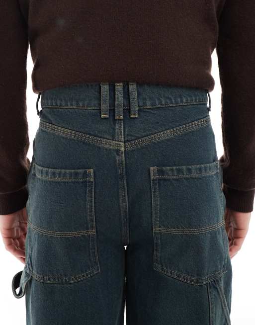 COLLUSION X011 carpenter mid rise jeans in grunge green wash, 4 of 5