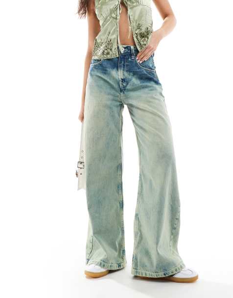COLLUSION x013 mid rise wide leg festival jeans in green wash - view 1