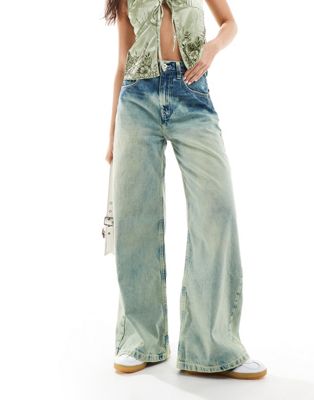Collusion X013 Mid Rise Wide Leg Jeans In Green Wash