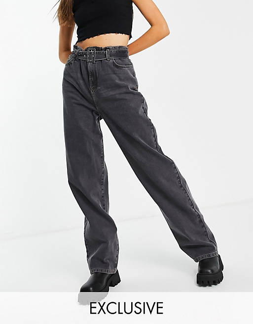 COLLUSION x014 90s baggy dad jeans with belted waist in black | ASOS