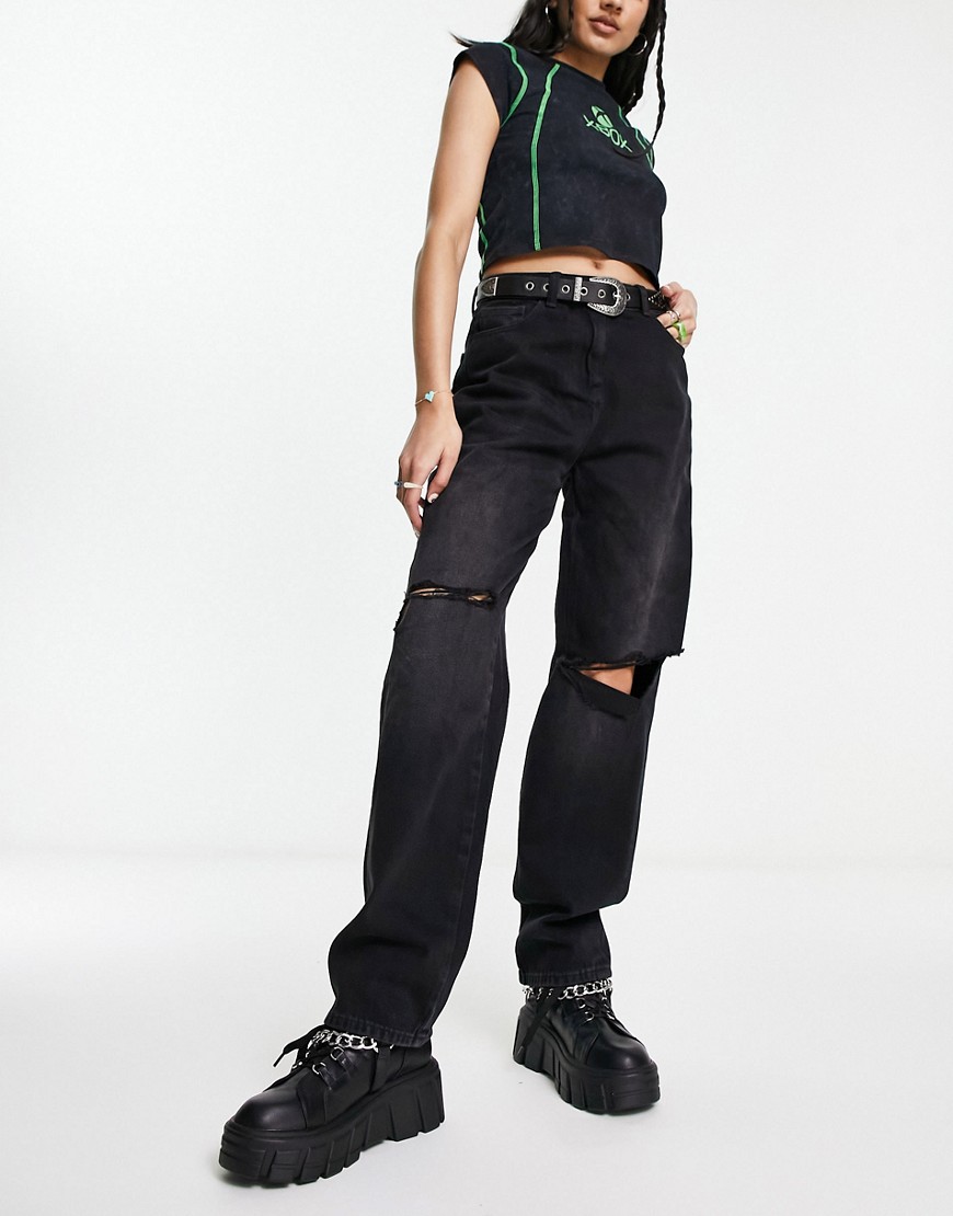 COLLUSION x014 90s baggy dad jeans with rips in black-Blue