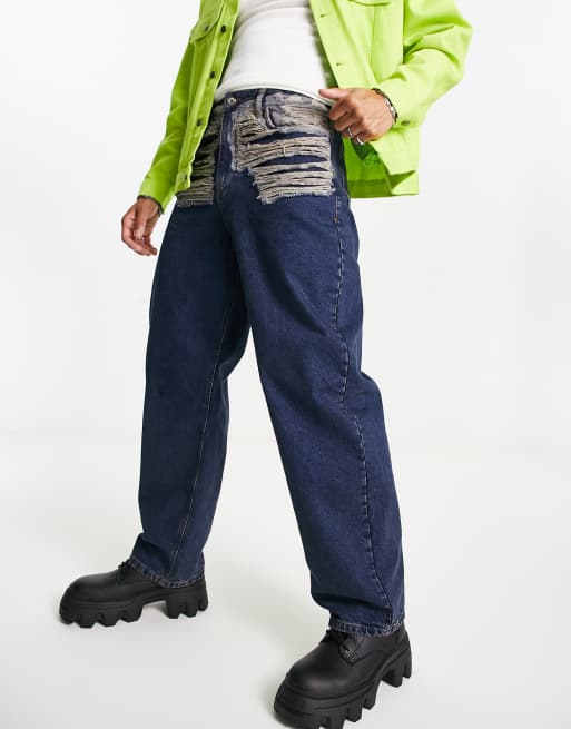 COLLUSION x014 90s baggy extreme rip detail jeans in dark blue