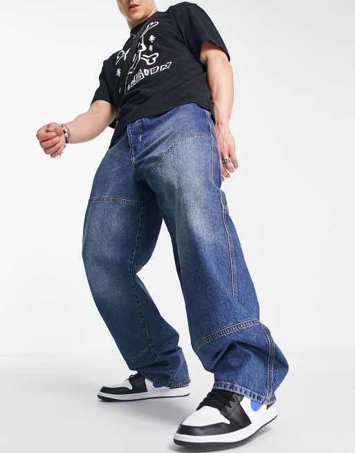 COLLUSION x014 extreme 90s baggy dad jeans with utility details in blue