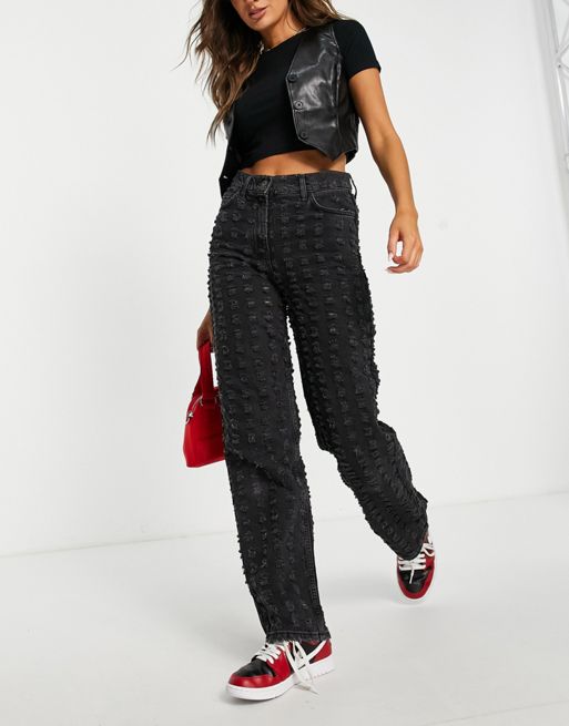 Signature 8 All Over Embellished Straight Leg Jeans in Wash Black