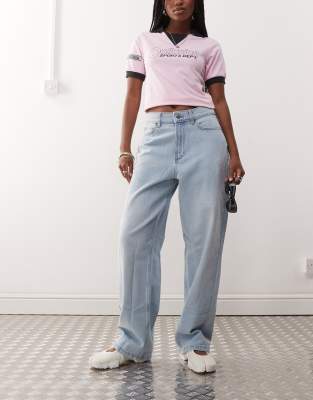 X014 - Jean ample à taille mi-haute et délavage léger-Bleu W24 L30