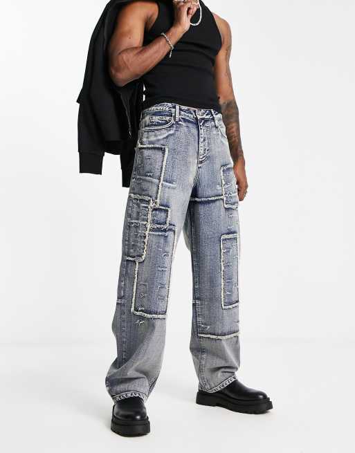 COLLUSION - x014 - Jean baggy effet patchwork - Bleu
