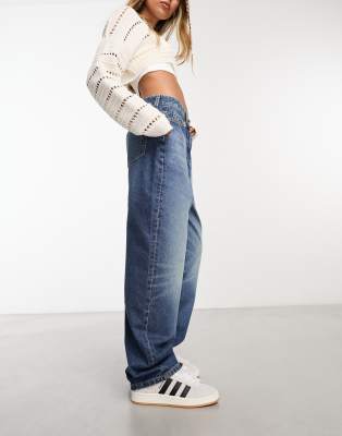 COLLUSION x014 90s Baggy Dad Jeans with Stepped Waist band-Blues