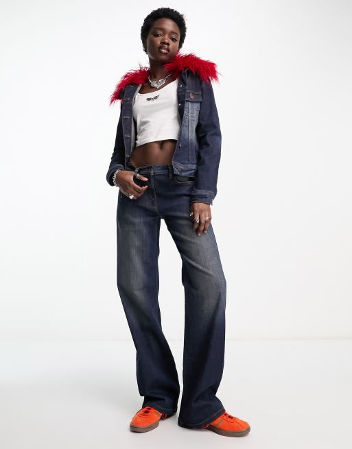 COLLUSION Y2K wash cropped denim jacket and jeans set in dark blue