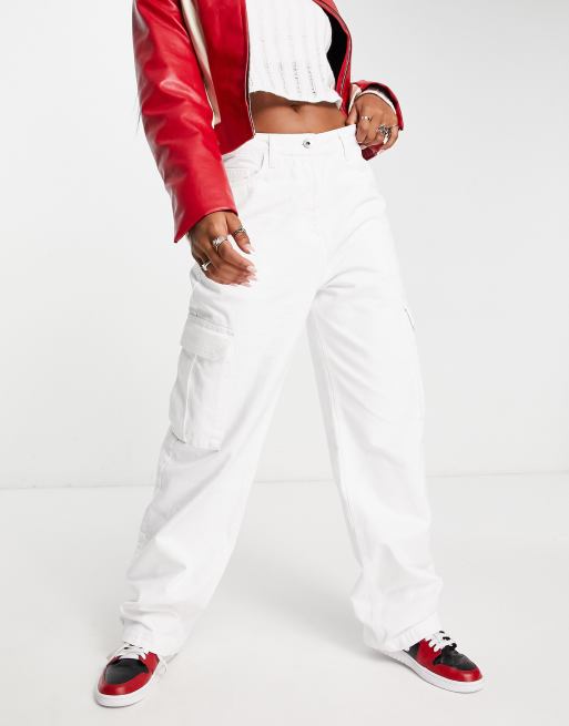 COLLUSION low rise straight leg cargo pants in white