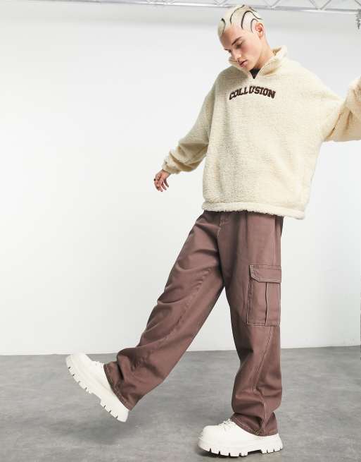 COLLUSION - x015 - Jeans cargo anti-Fit color moka con cuciture a contrasto