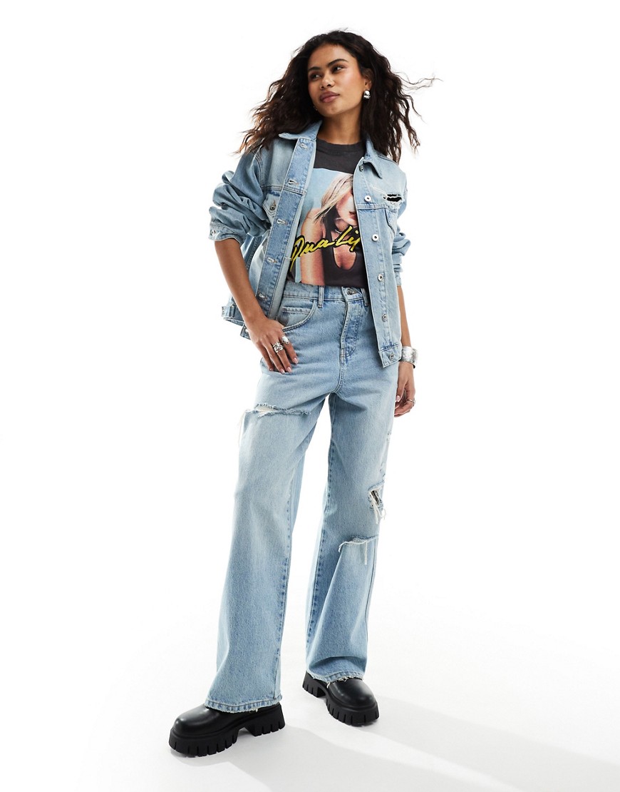X015 relaxed baggy jeans with rips in lightwash blue - part of a set