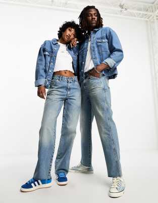 COLLUSION x014 90s Baggy Dad Jeans with Stepped Waist band-Blues