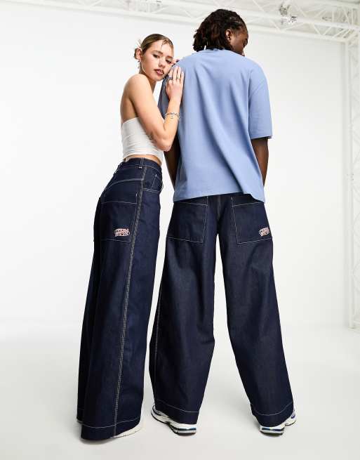 COLLUSION x018 Unisex Y2K wide leg skater jeans with branding in raw denim - MBLUE