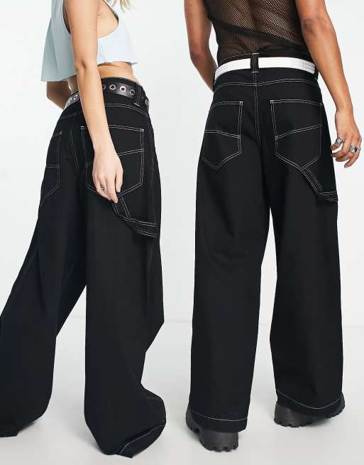 COLLUSION x018 Unisex Y2K wide leg skater jeans with contrast stitch in black - BLACK